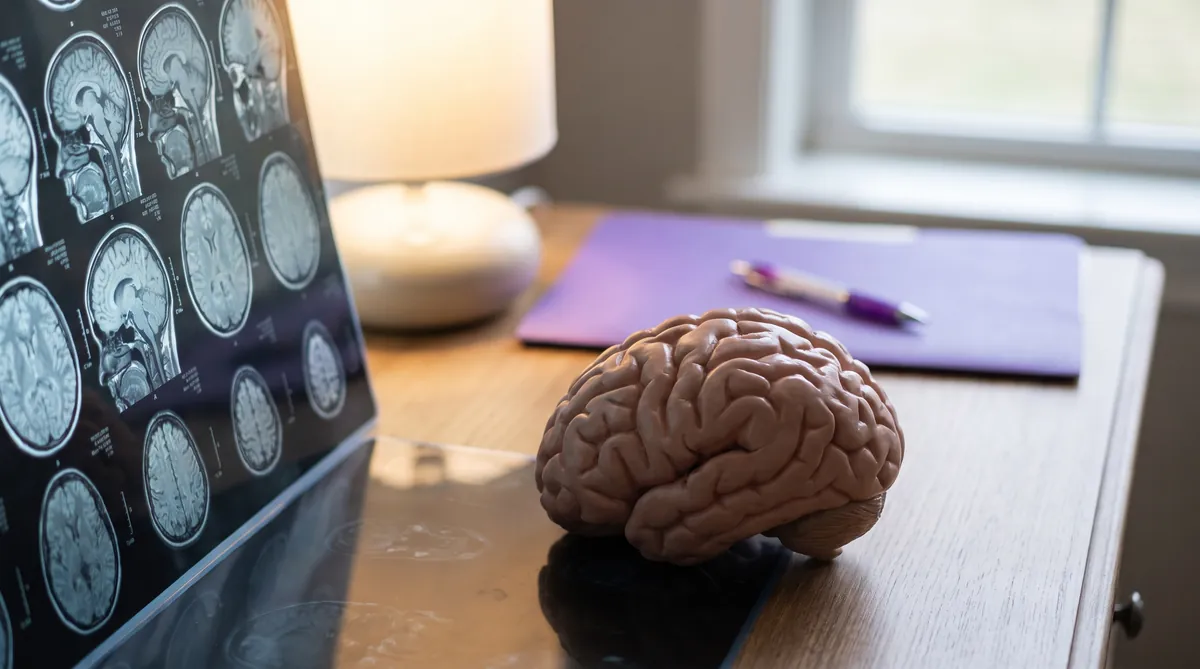 Imagini RMN cerebral si model anatomic al creierului pe biroul unui neurolog la Adiant Medical Mioveni