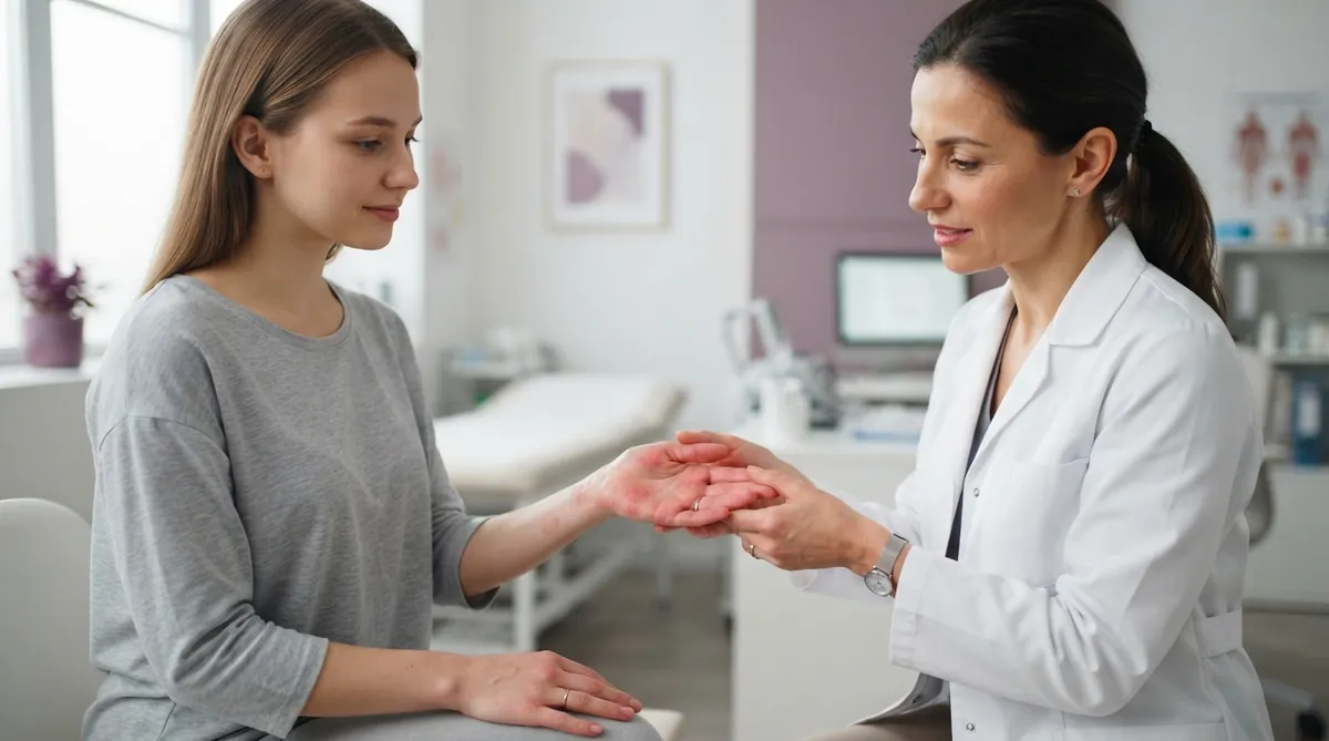 Consultatie de dermatologie pentru alergie pe palme si talpi la Adiant Medical Mioveni, evaluarea pielii
