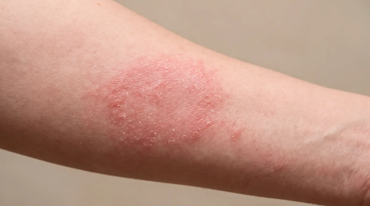 Piele inflamata cu roseata si scuame specifice dermatitei, consultatie dermatologica la Adiant Medical Mioveni