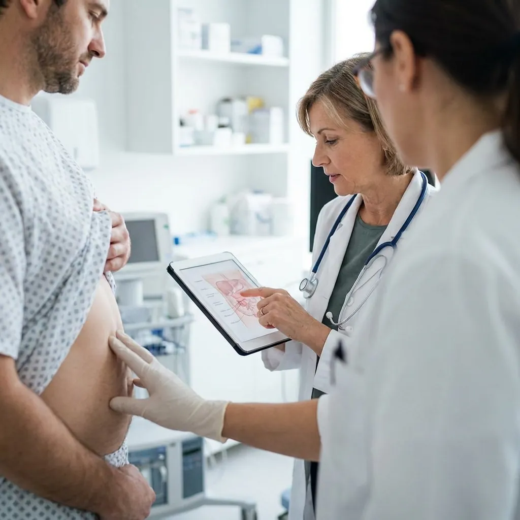 Medic gastroenterolog palpeaza abdomenul unui pacient cu durere in partea stanga la Adiant Medical Mioveni