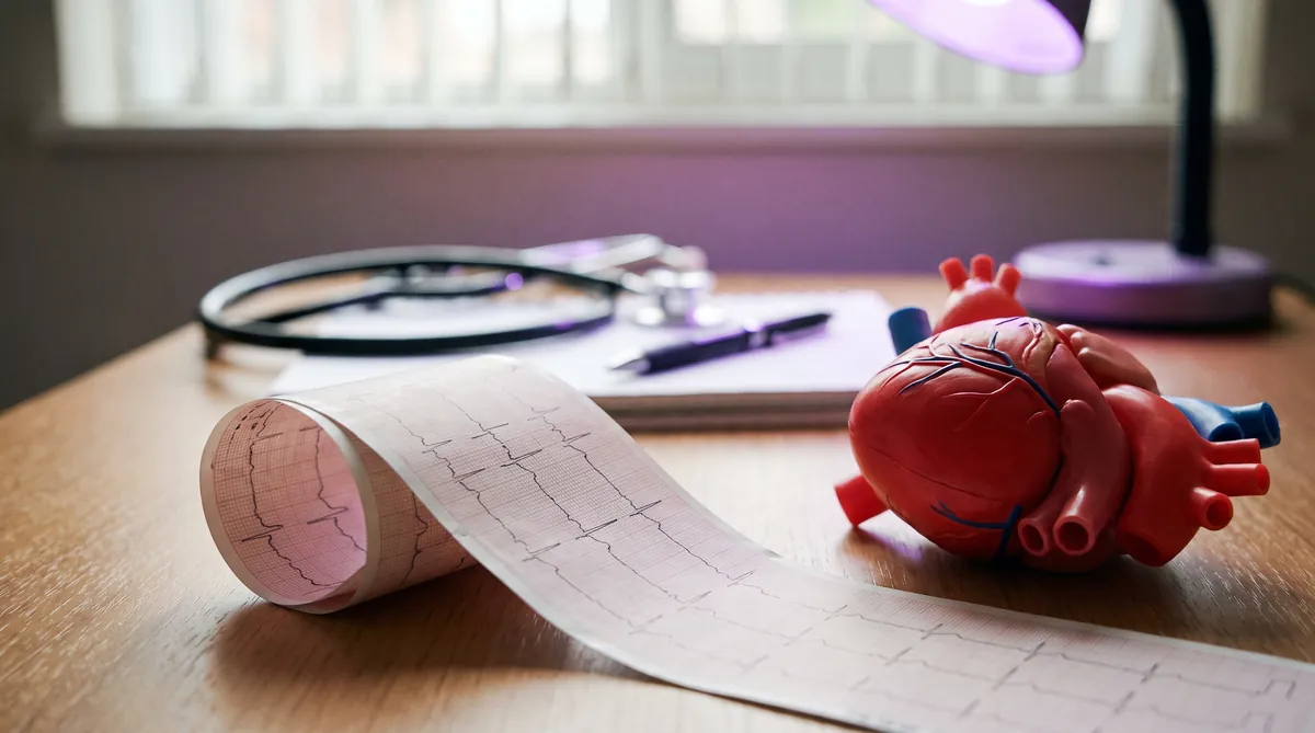 Traseu ECG si model anatomic al inimii pe biroul unui cardiolog la Adiant Medical Mioveni