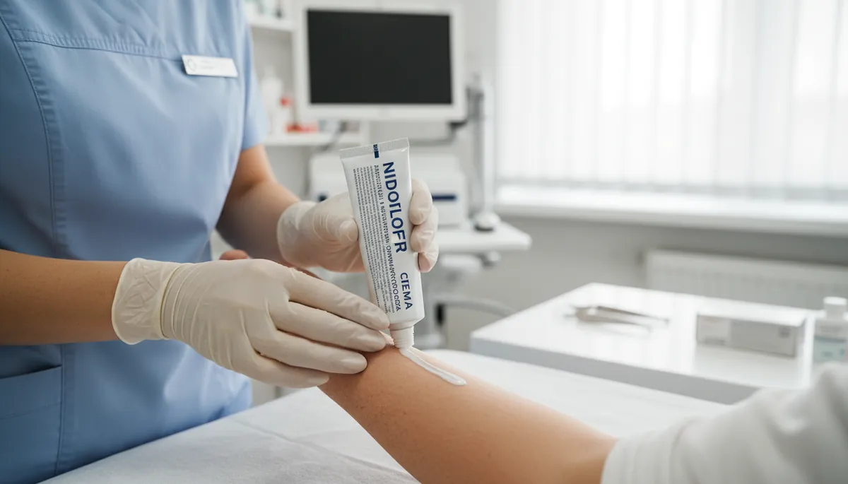 Crema Nidoflor aplicata in strat subtire pe o leziune de piele, evaluata de medic dermatolog la Adiant Medical Mioveni