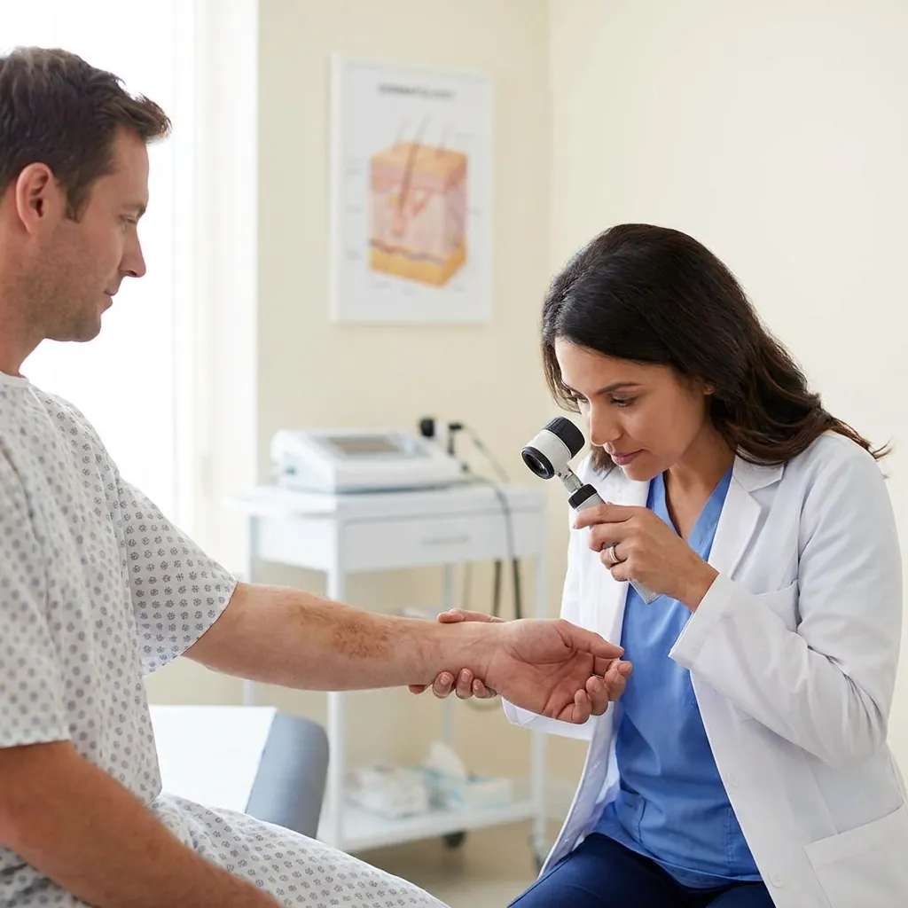 Pete decolorate de pitiriazis versicolor pe spate, examinate de medic dermatolog la Adiant Medical Mioveni