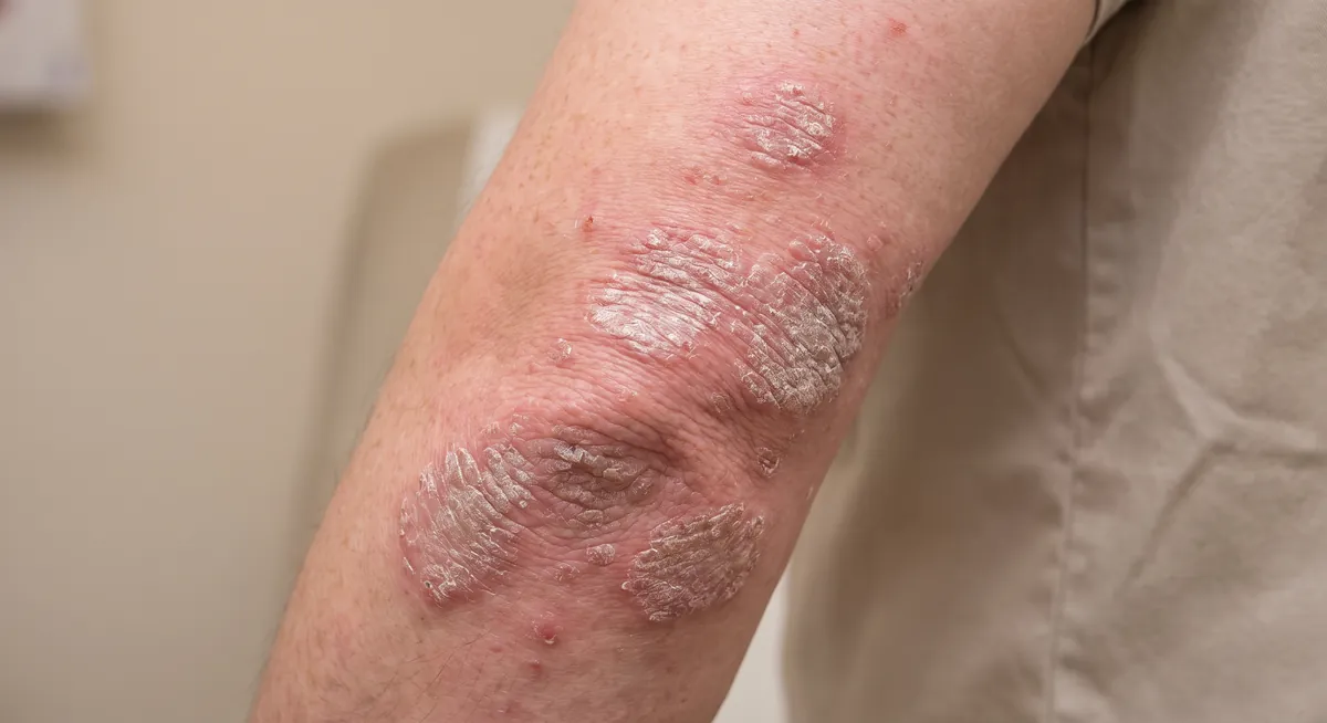 Placi de psoriazis cu scuame pe cot, examinate de dermatolog la Adiant Medical Mioveni