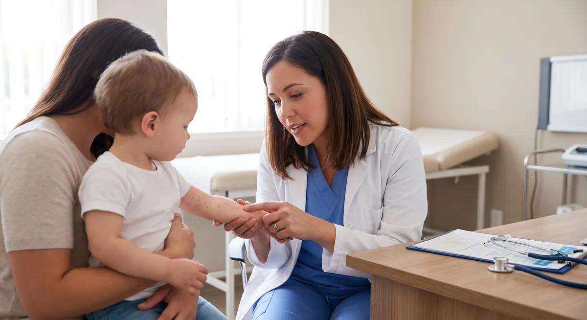 Eruptia roz pe trunchi la un copil cu roseola infantum, evaluata de medic pediatru la Adiant Medical Mioveni